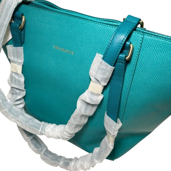 NEW Rare Vera Bradley Genuine Pebble Leather Ella Tote Purse Teal Blue Gold Gift - Picture 2 of 16